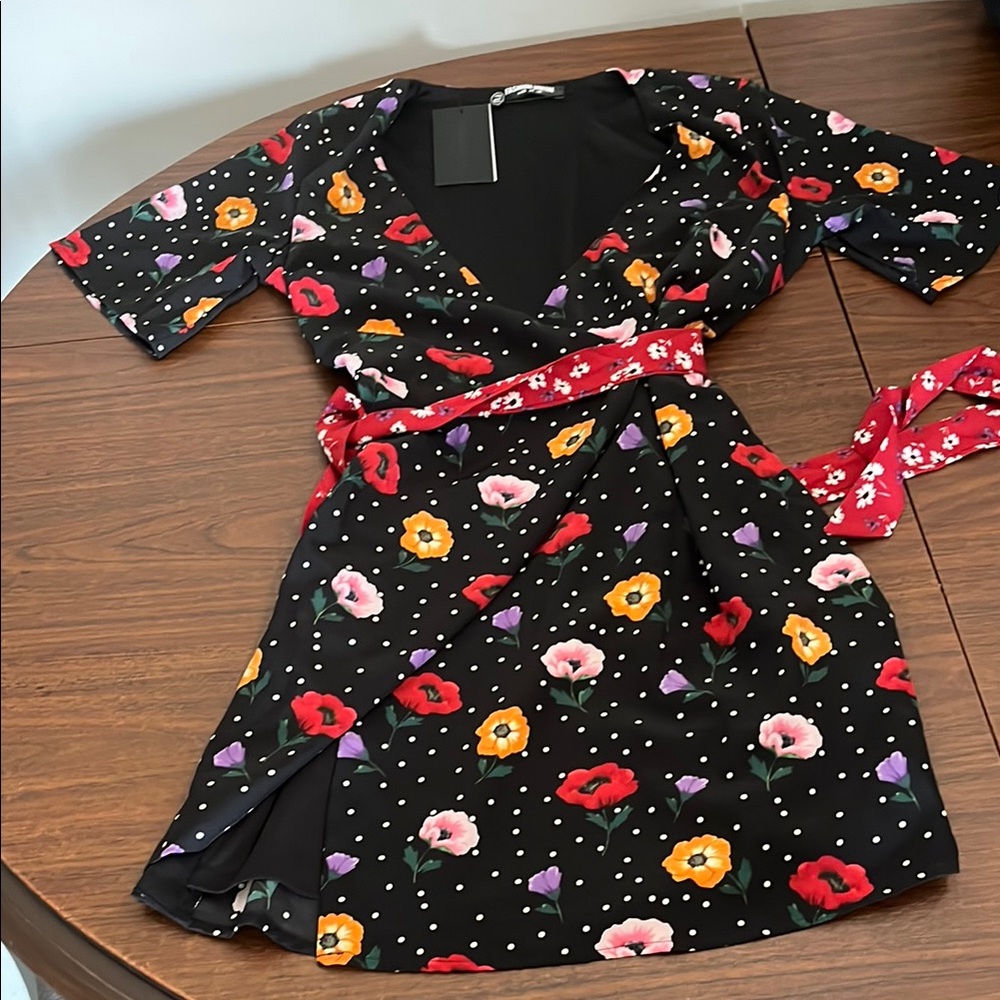 Floral Wrap Dress with Red Belt